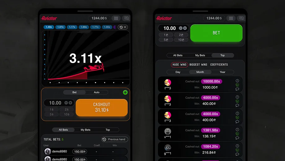 Aviator sur mobile : bouton Cash Out orange et tableau des plus gros multiplicateurs