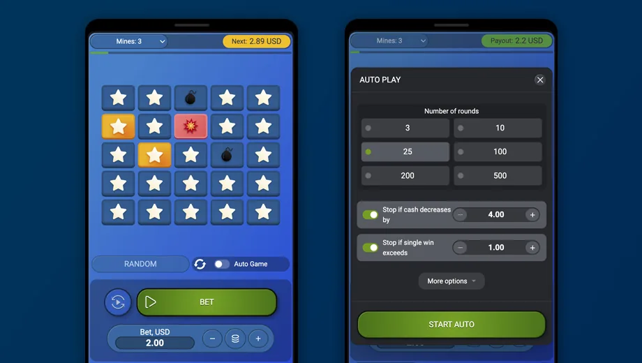 Mines sur mobile : une mine a explosé, à côté le panneau Auto Play