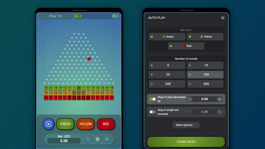 Plinko sur mobile : fenêtre Auto Play avec couleur, nombre de tours et conditions d'arrêt