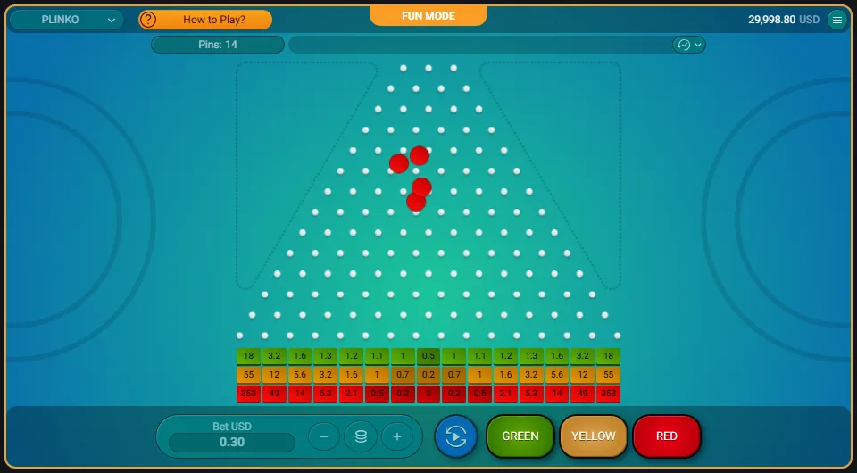 Plinko vs Chicken Road : Plinko en démo officielle, billes rouges en chute sur 14 pins