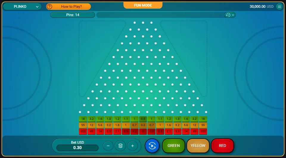 Plateau de Plinko en démo avec 14 pins et trois rangées de multiplicateurs